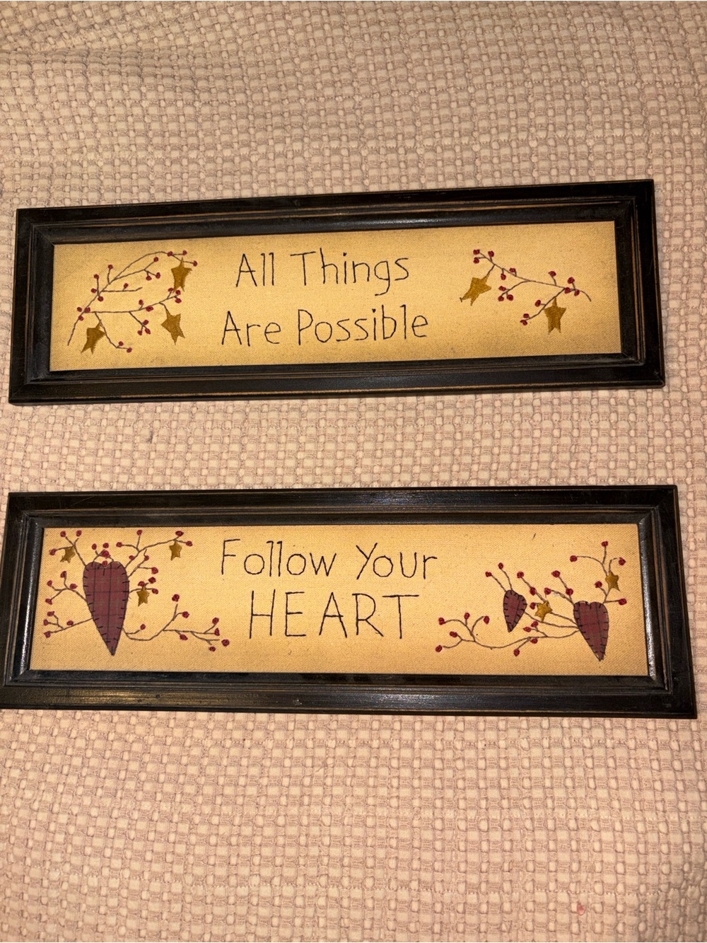 Follow Your Heart & All Things Are Possible Hand Stitched Wall Art Plaques
